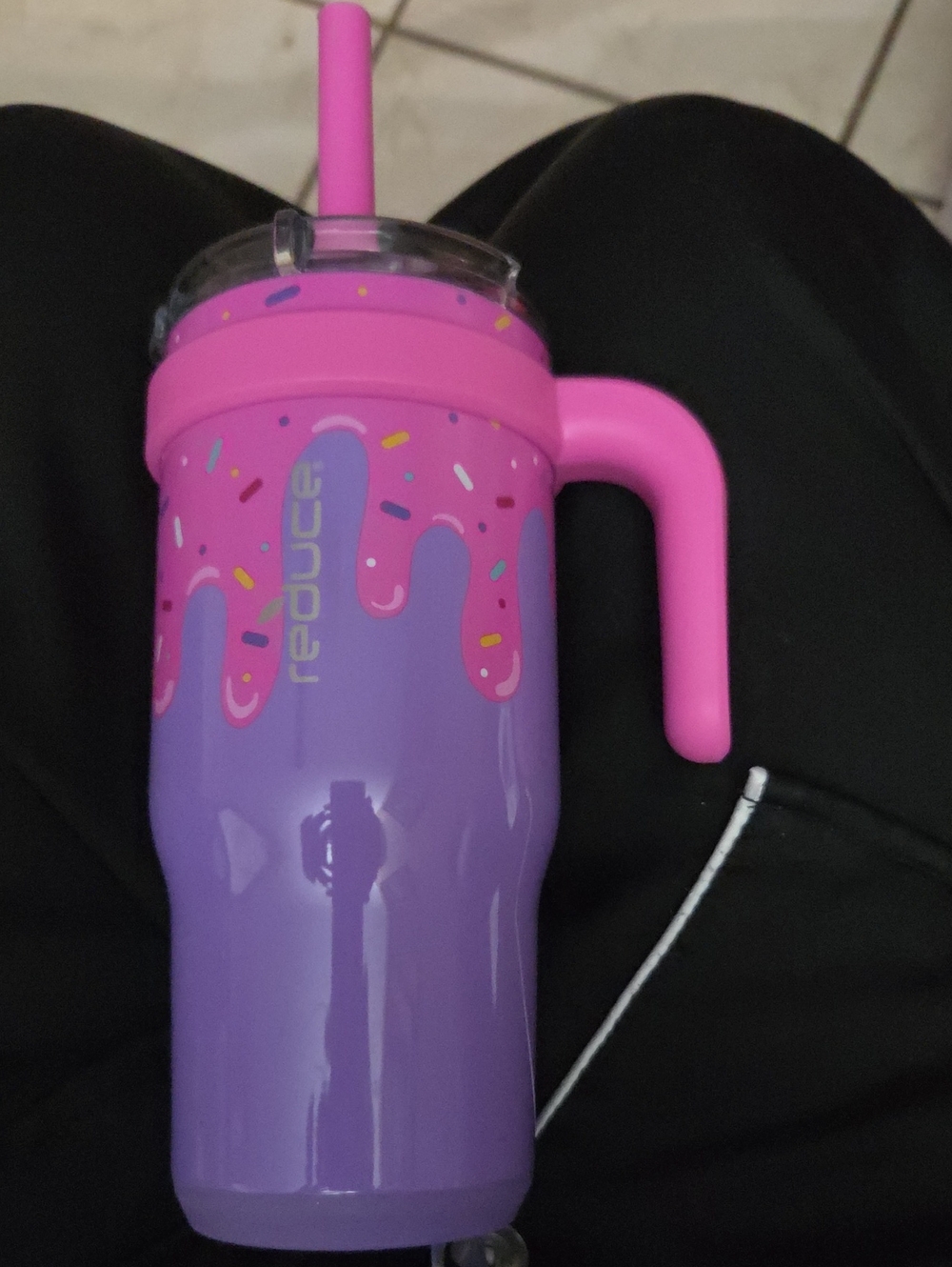 Purple Travel Tumbler with Pink Drip Design and Handle NWOT